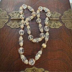 Vintage Clear Bead Necklace Gold Tone Rhinestone Spacers